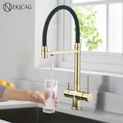Modern brushed gold dual handle kitchen faucet with black flexible spout by decorbites brushed gold collection