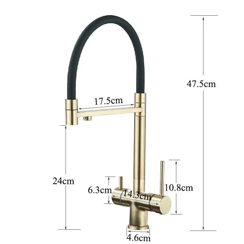 Modern brushed gold dual handle kitchen faucet with flexible black rubber hose by decorbites brushed gold collection