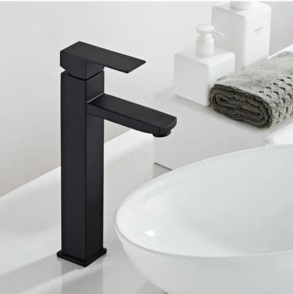 Modern brushed gold black rectangular basin tap featuring a black matte-finish sleek modern faucet for bathroom use