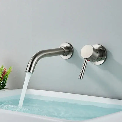 Modern brushed gold wall mounted basin faucet with sleek curved spout and cylindrical handle for bathroom use