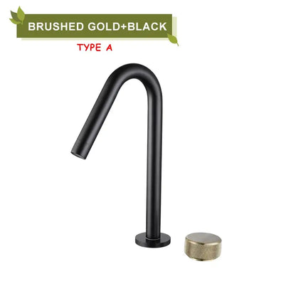 Modern brushed gold brass basin faucet with sleek curved spout and textured black knob for kitchen use by decorbites basin faucet