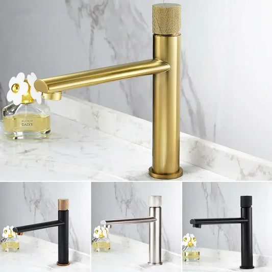 Modern brushed gold brass basin faucet with knurled handle and sleek single-handle design for bathroom sink