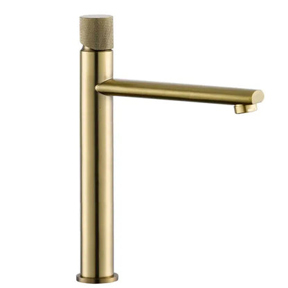 Modern brushed gold brass basin faucet with brushed gold single-handle and textured knurled knob for bathroom sink