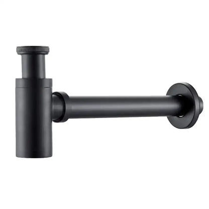 Black matte-finish sink drain trap with cylindrical body and horizontal pipe for decorbites brass basin use