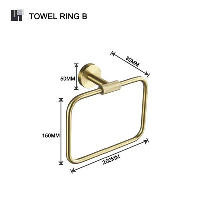 Modern brushed gold brass towel ring with rectangular loop and textured grip from bathroom accessories set