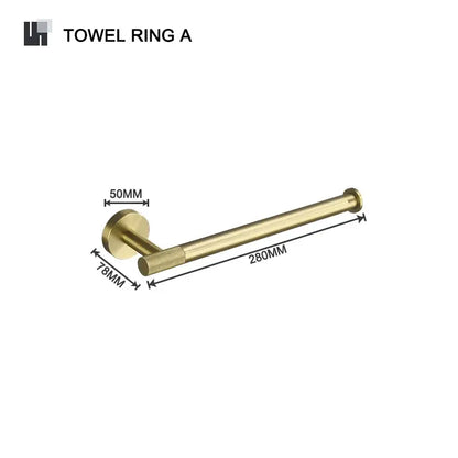 Brass-finished towel ring with sleek modern design and brushed gold texture from bathroom accessories set