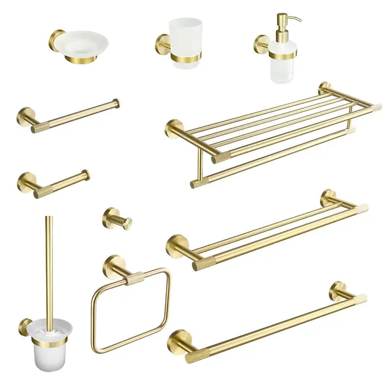 Modern brushed gold brass bathroom accessories set with sleek design and frosted glass accents for bathroom use