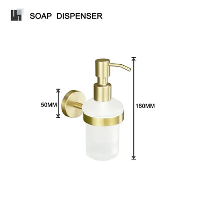 Modern brushed gold brass bathroom accessories set featuring a wall-mounted soap dispenser with frosted glass body