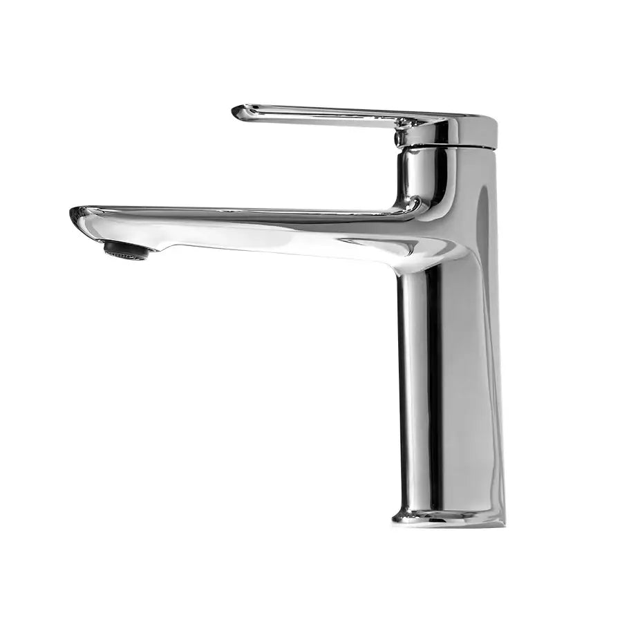 Modern chrome-finished centerset deck-mounted basin faucet with single-handle design for cold water control in bathroom