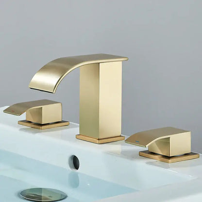 Modern brushed gold dual handle waterfall faucet with sleek design and decorbites brushed gold finish for bathroom sink
