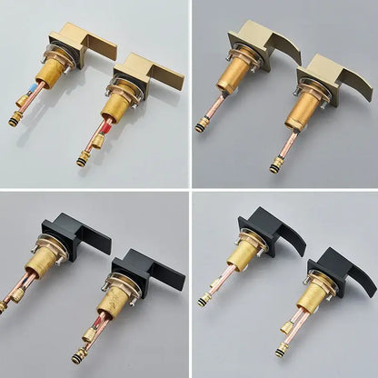 Modern brushed gold dual handle waterfall faucet bathroom sink tap with gold-finished brass handles and copper piping