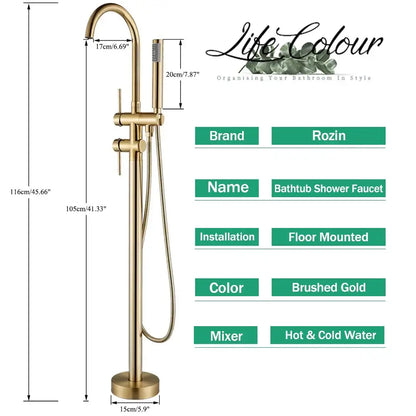 Modern brushed gold freestanding bathtub faucet with a tall slender design and integrated handheld spray decorbites brushed gold