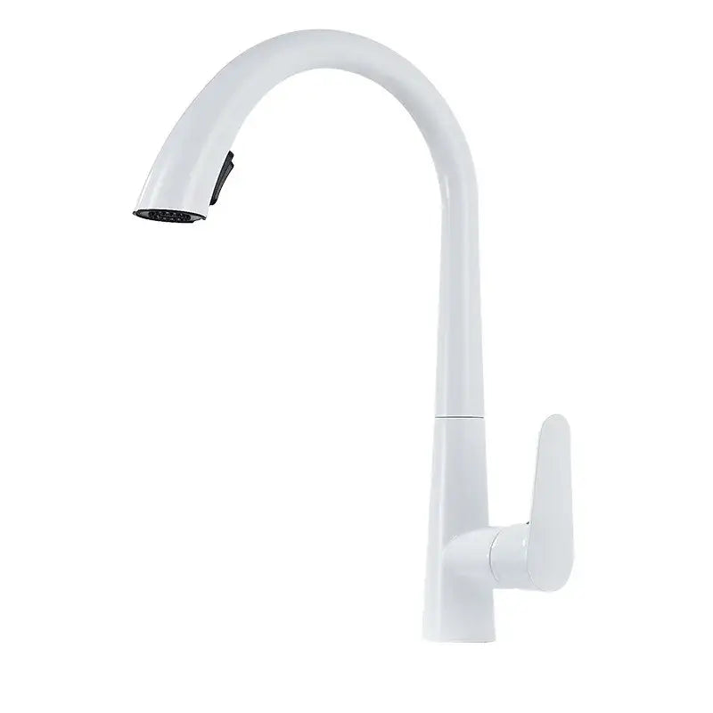 White modern kitchen sink faucet with a sleek curved spout and single lever handle for contemporary kitchen sink use