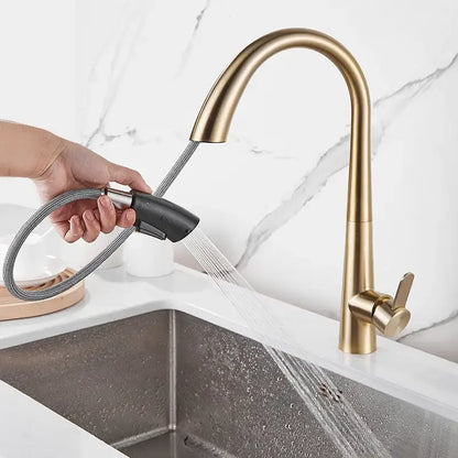 Modern brushed gold kitchen sink faucet with pull down curved spout and black handheld spray head for kitchen sink use