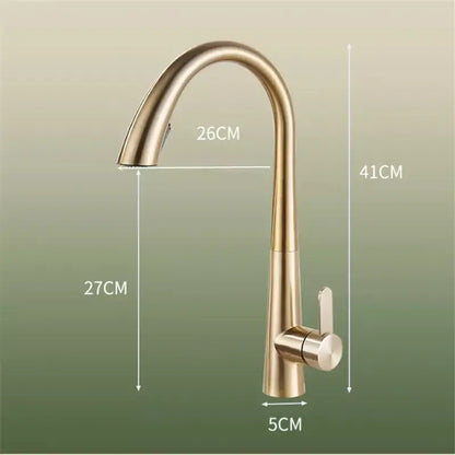 Modern brushed gold kitchen sink faucet with pull out spring spout and sleek curved design for kitchen sink use