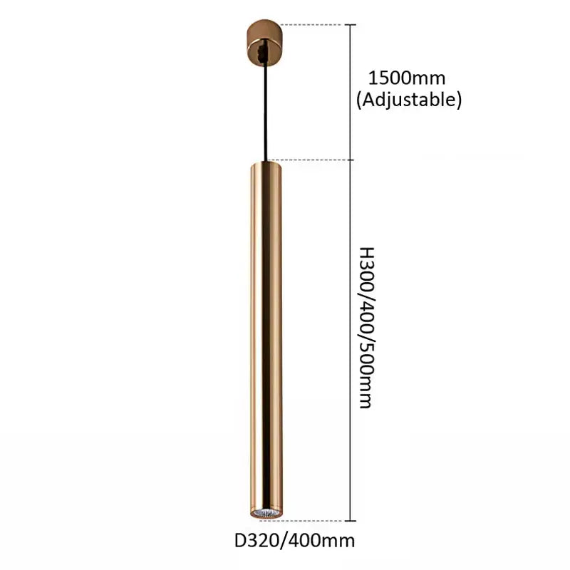 A sleek adjustable brass cylindrical decorbites gold led pendant light with minimalist design and dimensional markings