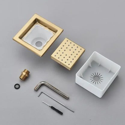 Modern brushed gold shower head with square design multiple spray patterns and matching gold frame for bathroom use