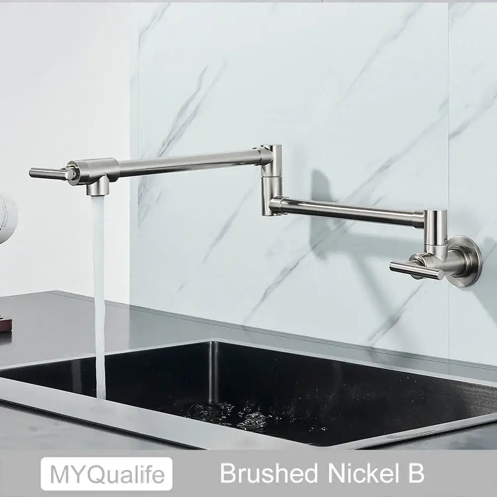 Modern brushed gold pot filler faucet with a sleek brushed nickel extendable gooseneck filler faucet design