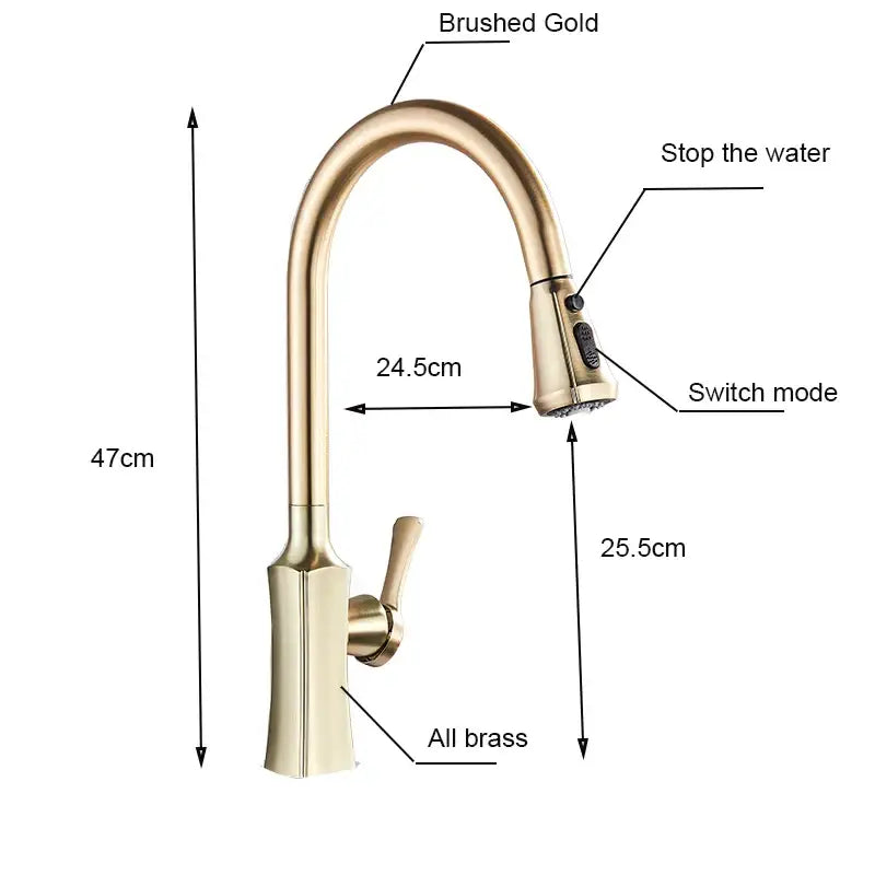 Modern brushed gold all brass kitchen faucet with curved spout and pull-down spray head by decorbites brushed gold