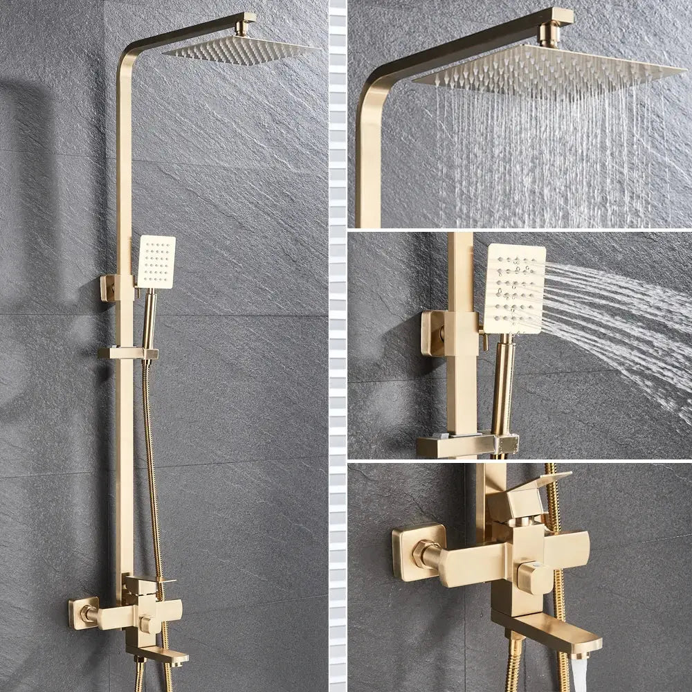 Modern brushed gold shower set with square rainhead handheld spray and wall-mounted valve by decorbites brushed gold