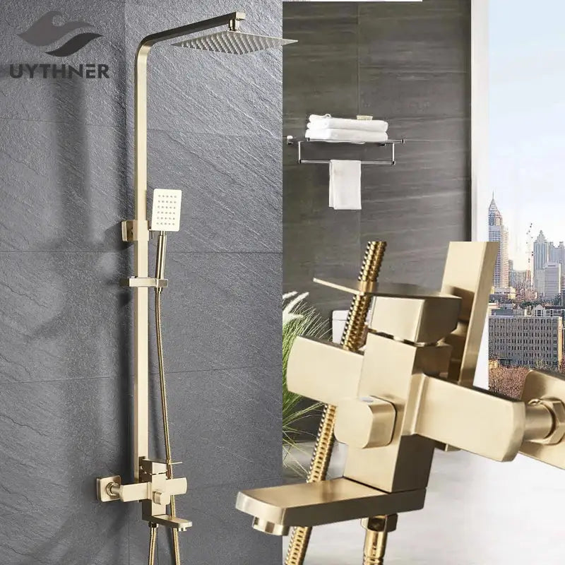 Modern brushed gold rain shower set with square rainhead, handheld spray, and angular mixer valve by decorbites brushed gold