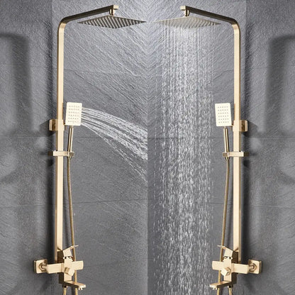 Modern brushed gold shower set with dual square rainheads and handheld sprayers by decorbites brushed gold