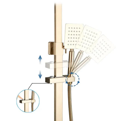 Modern brushed gold rain shower set with three square heads and adjustable sliding bar by decorbites brushed gold