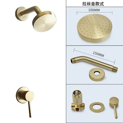 Modern brushed gold rainfall shower faucet set featuring a gold-finished brushed metal shower head with circular perforations