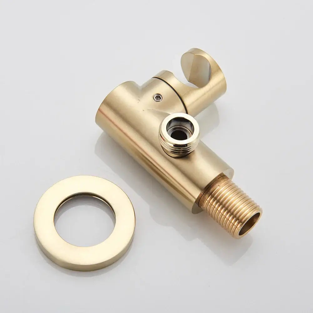Brushed gold brass shower valve with sleek angular design and integrated hook in modern rainfall shower set