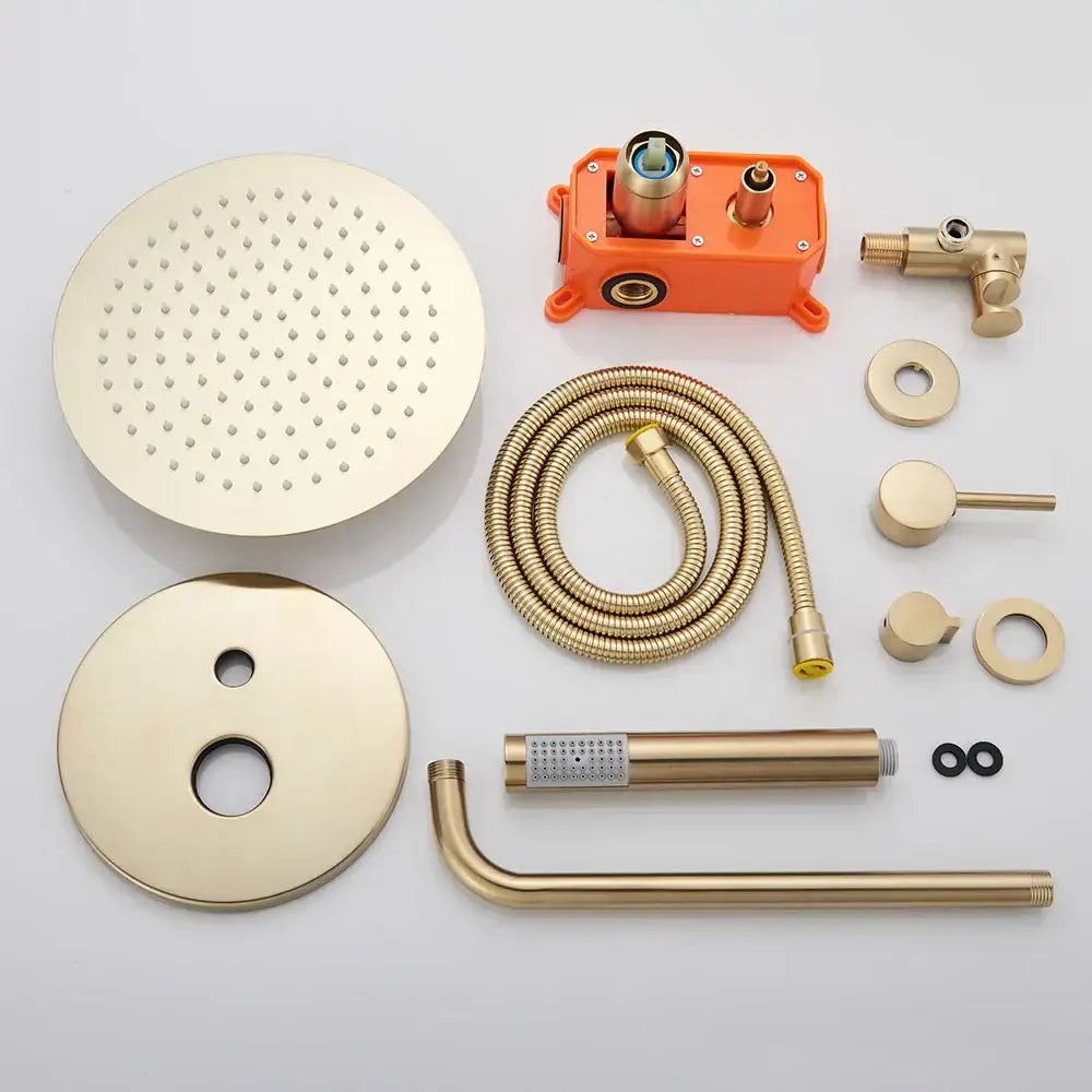 Modern brushed gold rainfall shower set featuring a gold-toned circular rain showerhead handheld spray and brass fixtures