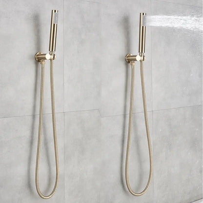 Two sleek brushed gold rainfall shower heads with flexible braided hoses in a modern shower set mounted on tiled wall