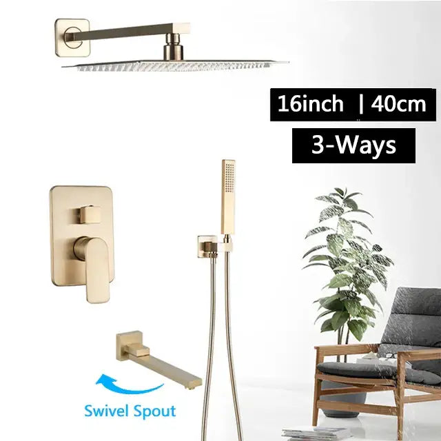 Modern brushed gold rainfall shower set with rectangular rainhead wall-mounted valve swivel spout and handheld shower decorbites