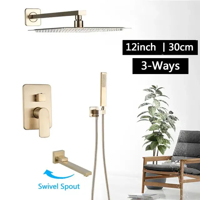 Modern brushed gold rainfall shower set with rectangular rainhead handheld sprayer and wall mounted mixer decorbites shower set