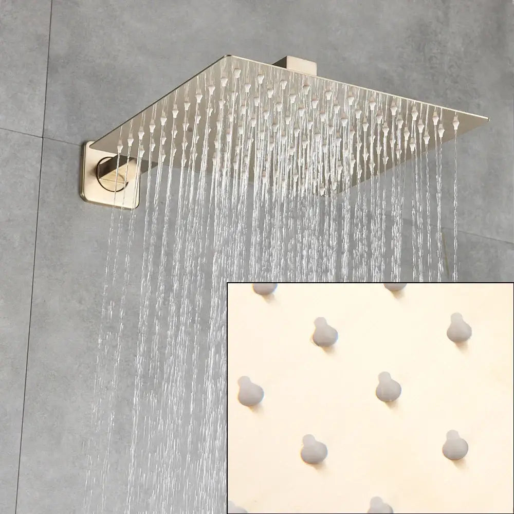 Modern brushed gold rainfall shower set featuring a square rain shower head with brushed nickel finish and multiple jets