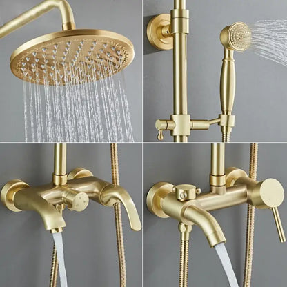 Modern brushed gold rainfall shower set with bathtub faucet made of gold-finished brass featuring round rainhead and dual handles