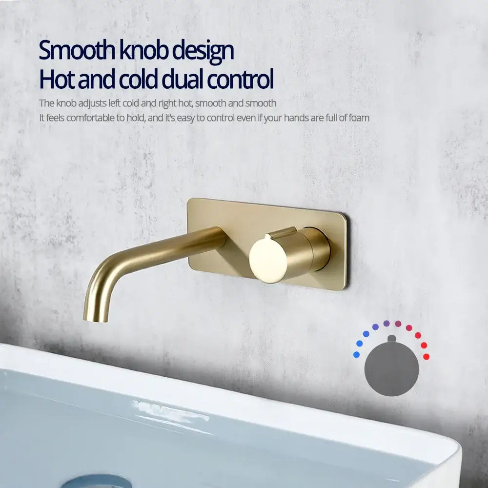 Modern brushed gold rectangular wall mounted bathroom mixer with brass finish and sleek dual hot and cold control knob design