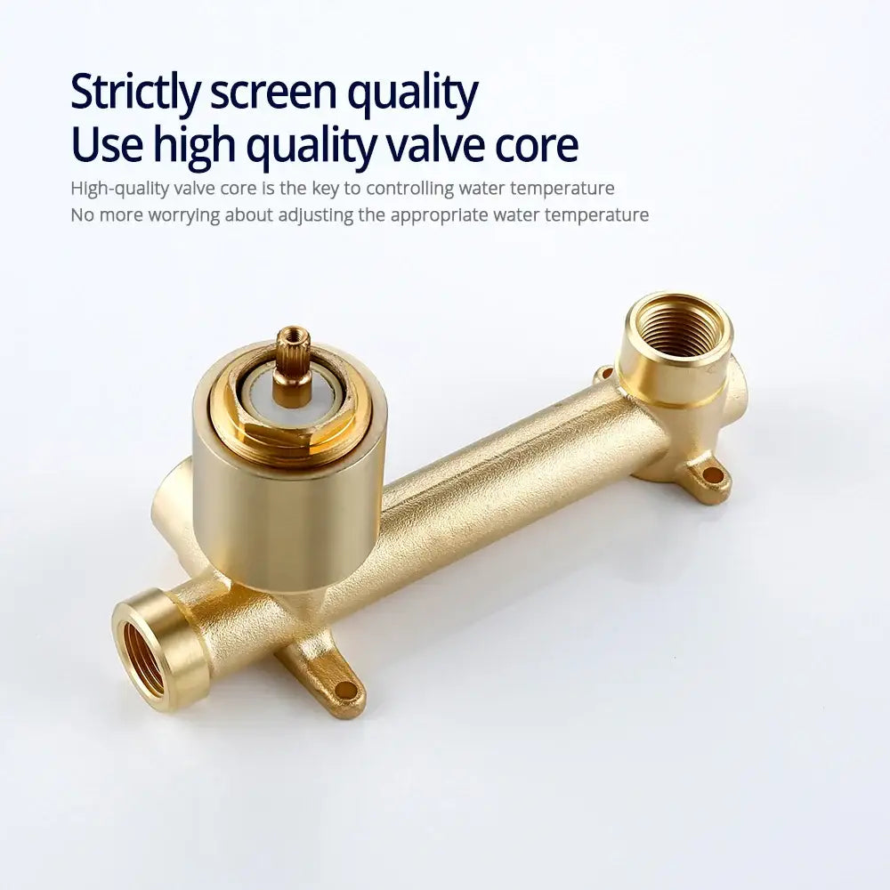 Gold-colored brass valve core with threaded connections and central adjustment knob for modern brushed gold wall faucet