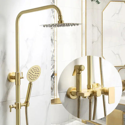 Modern brushed gold shower faucet set featuring a tall overhead rainfall head and handheld spray nozzle in brass