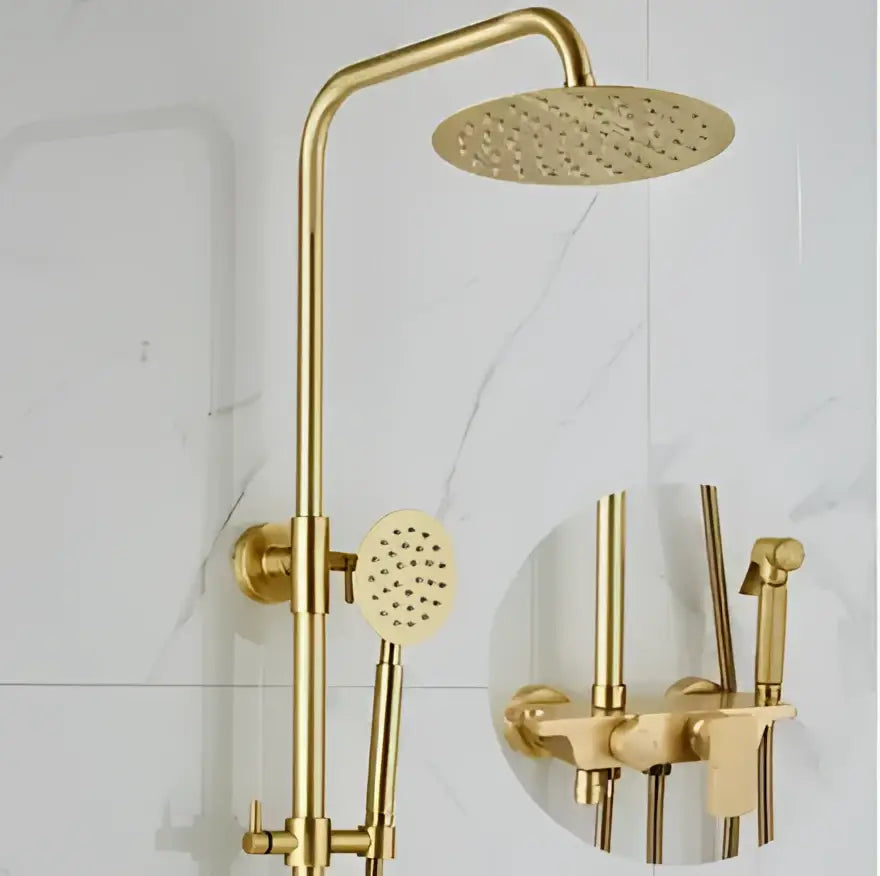 Modern brushed gold shower faucet set with rainfall head and handheld nozzle in brushed gold finish for bathroom use