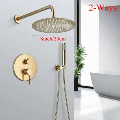 Modern decorbites brushed gold shower faucet system with 8-inch rainfall head handheld sprayer and wall control panel