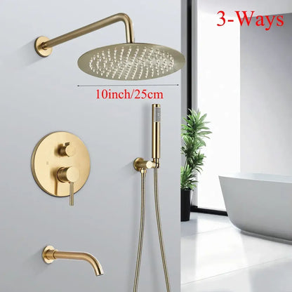Modern brushed gold shower faucet system with 10-inch round rainfall head and handheld sprayer in decorbites brushed gold finish