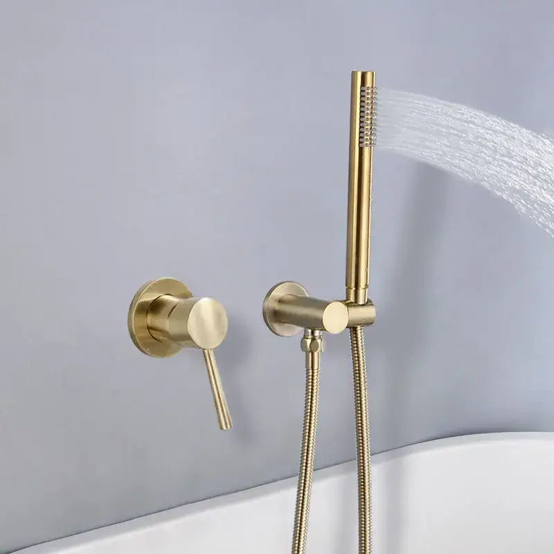 Modern brushed gold shower mixer set with single lever handle and adjustable handheld spray for bathroom use