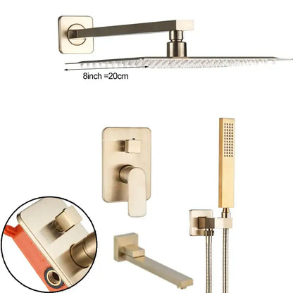 Modern brushed gold shower mixer with rainfall head features sleek 8-inch square rainhead and handheld showerhead