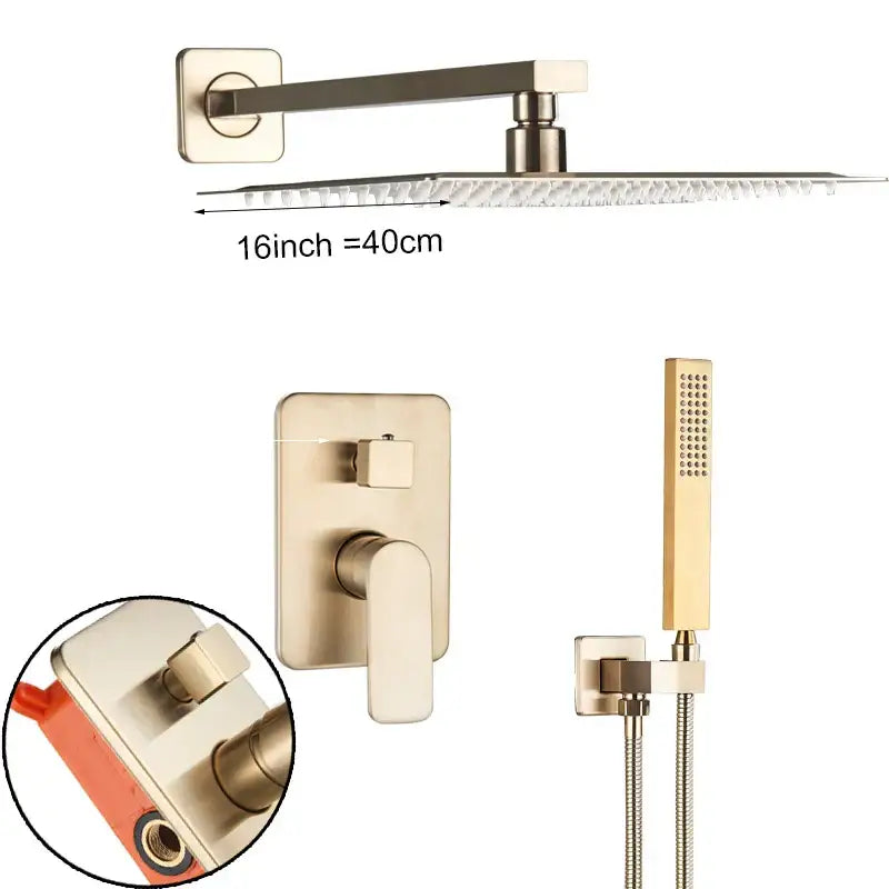 Modern brushed gold shower mixer with rainfall head and 16-inch square brushed nickel rain shower and hand-held spray nozzle
