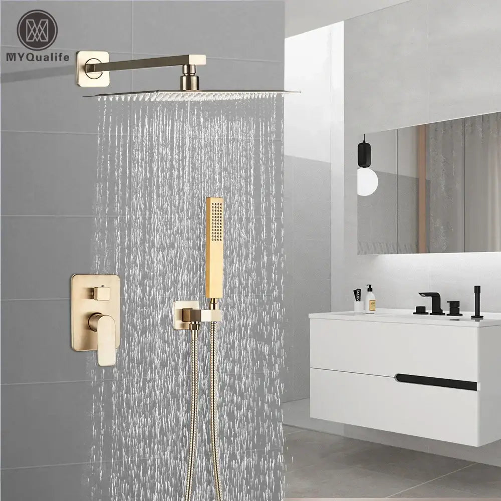 Modern brushed gold shower mixer with rainfall head and matching handheld shower in a gold finish for bathroom