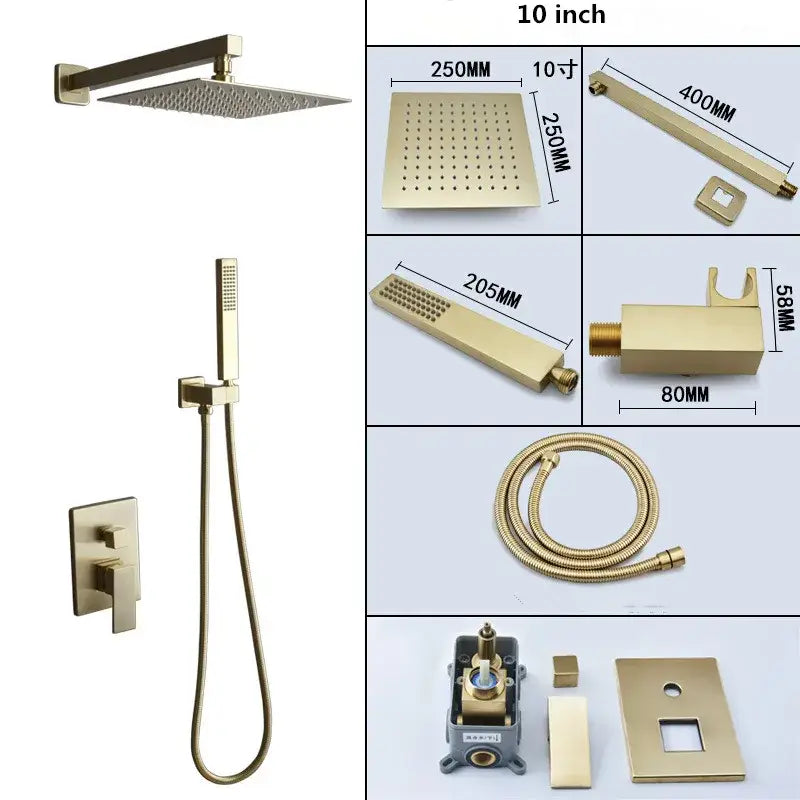 Modern brushed gold shower set with square rainfall head handheld sprayer and decorbites brushed gold components