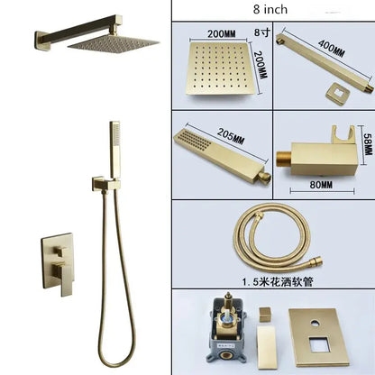 Modern brushed gold shower set with square rainfall head handheld sprayer and brass piping by decorbites brushed gold