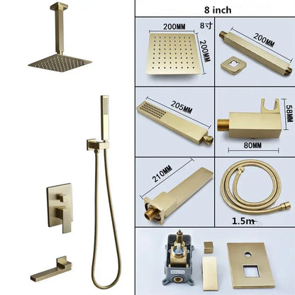 Modern brushed gold shower set with square rainfall head handheld sprayer and matching decorbites brushed gold fixtures