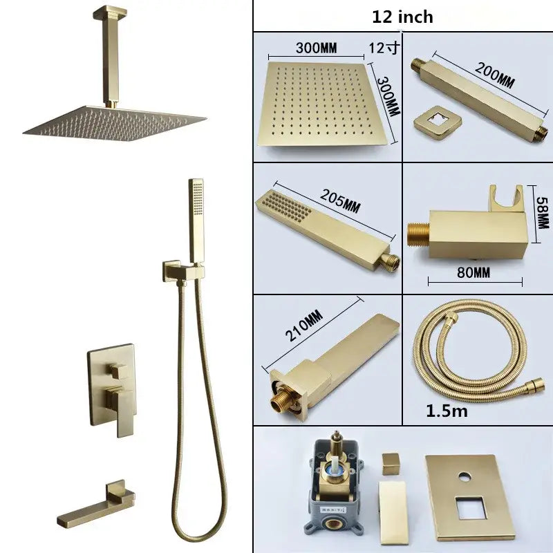 Modern brushed gold shower set featuring a 12-inch square rain shower head with sleek perforated design decorbites brushed gold