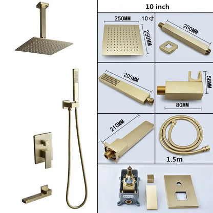 Modern brushed gold shower set with square rainfall head handheld sprayer and wall-mounted control valve by decorbites brushed gold